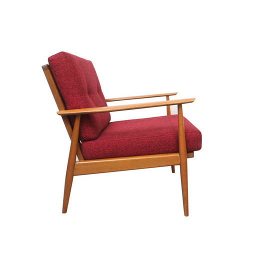 Fauteuil vintage en bois et tissu rouge, 1950