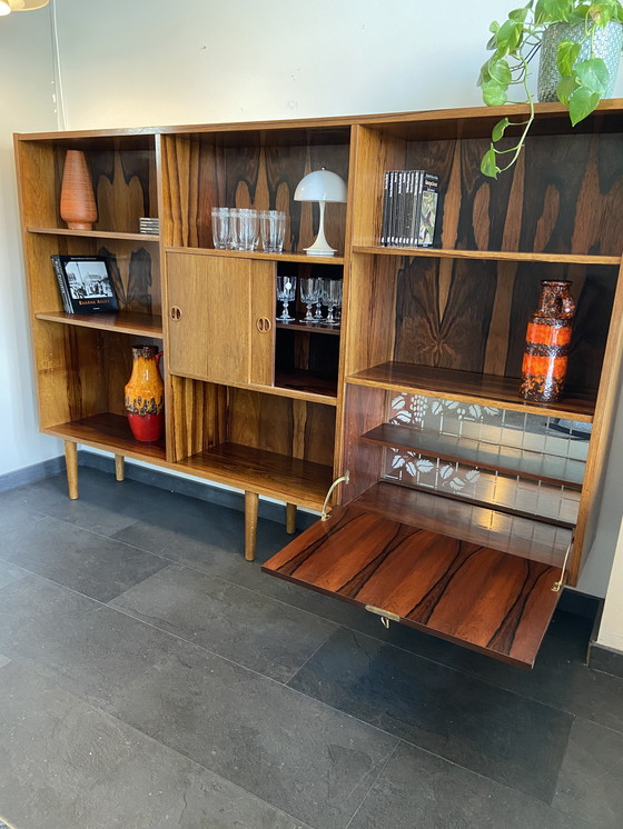 Image 1 of Vintage Rosewood Bookcase With Sliding Doors and Bar
