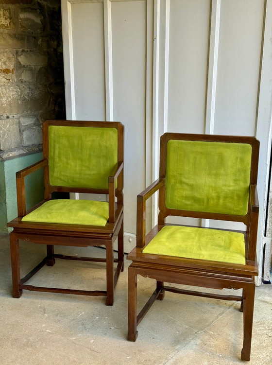 Coppia di poltrone in legno esotico e tessuto verde lime (foto 5 di 14)