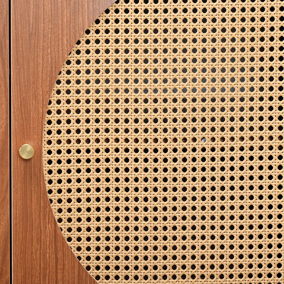 Image 1 of Urban Meuble buffetkast in walnoot look met 3 rotan deuren, handgrepen, gouden pootjes 129.8x40x76cm OMOILL