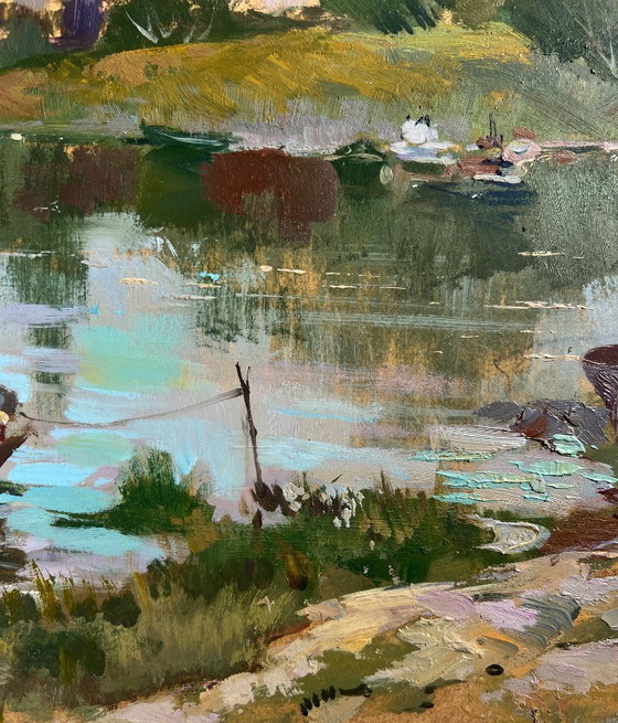 Image 1 of Original Oil Painting Evening Coastal The last rays over the temple
