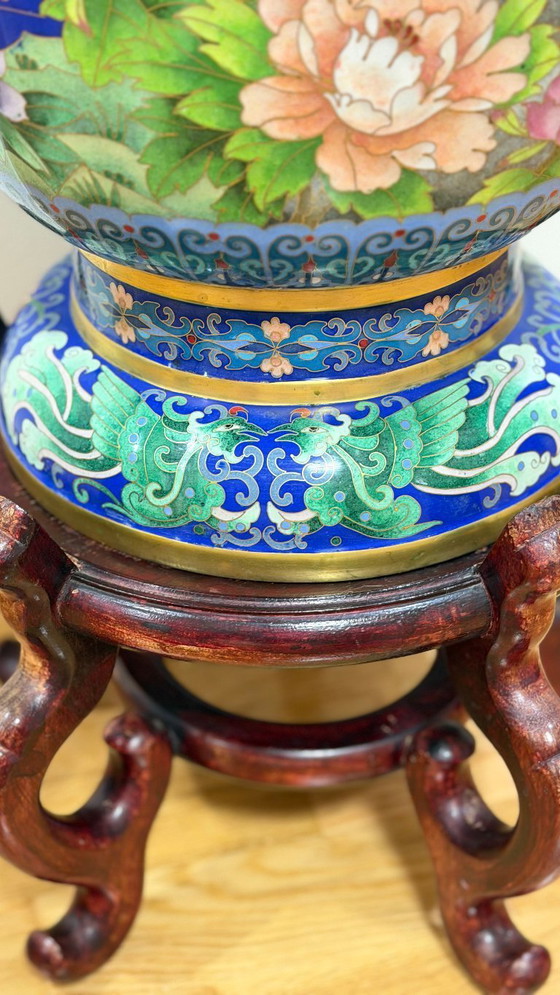 Image 1 of Monumental Chinese Cloisonné Vase - 84 cm With Base - Jingtai Blue Enamel - Impeccable