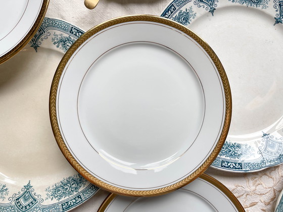 Image 1 of 7 piatti in pietra di ferro blu Onnaing + 7 piccoli piatti in porcellana di Limoges spaiati