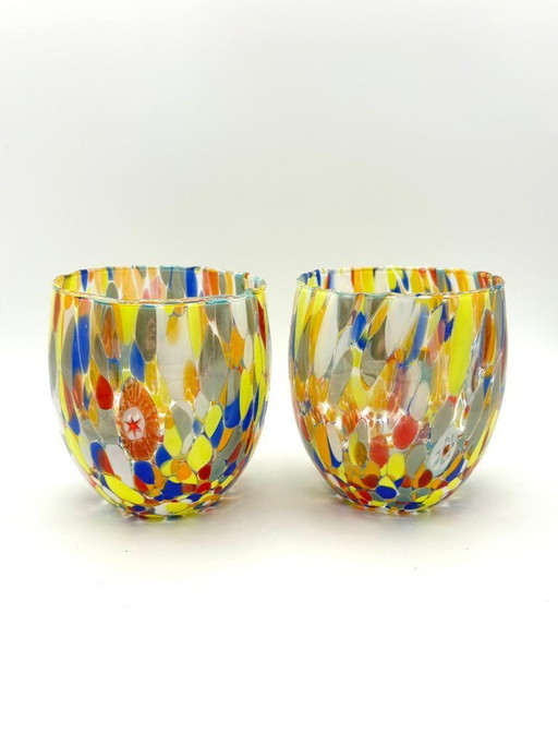 Set di 6 bicchieri in vetro soffiato veneziano con murrine Effetre Murano fuse nel vetro, hand made in italy.