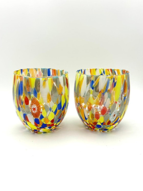 Image 1 of Set di 6 bicchieri in vetro soffiato veneziano con murrine Effetre Murano fuse nel vetro, hand made in italy.