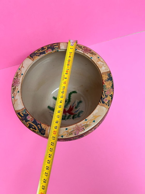 Image 1 of Vintage Satsuma Cachepot Flower Pot Planter with Peacock Motif – Hand-Painted Asian Ceramics