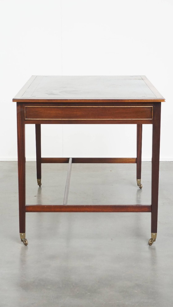 Image 1 of Writing table and a blue cowhide leather chesterfield office chair