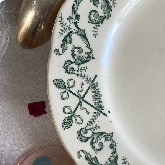 Image 1 of 6 assiettes dessert terre de fer Longchamp modèle Trévise vert faïence ancienne 