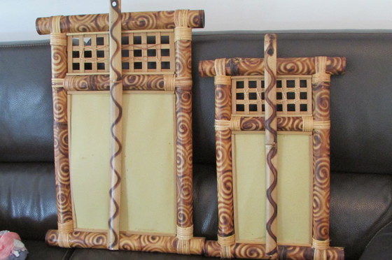 Image 1 of Pair of mirrors, bamboo and woven wicker