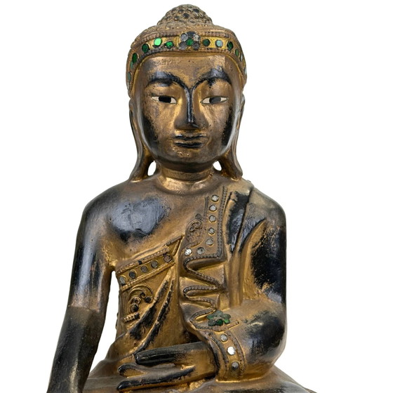 Birmaans verguld houten Boeddha met glasinleg – Mandalay-stijl Myanmar – Beeldhouwkunst, Wood, Gold (photo 9 of 11)