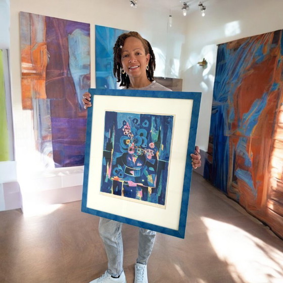 Image 1 of Lithographie limitée signée au crayon de Tony Agostini, Bouquet Au Vase Bleu, cadre personnalisé