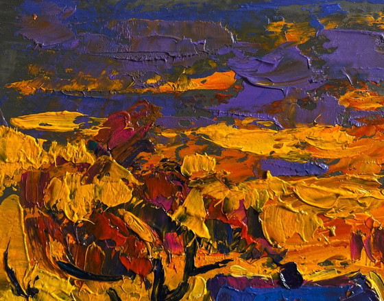 Image 1 of Original Oil Painting Sunset Houses Landscape A blazing evening in the village