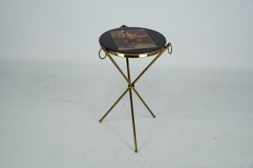 Small Italian brass and wood tripod coffee table from 50s
