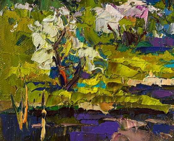 Image 1 of Original Oil Painting Evening Forest Landscape Breath of spring in green groves