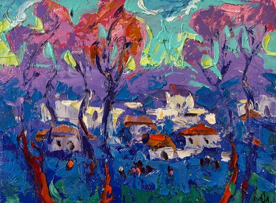 Image 1 of Original Oil Painting Summer Houses Landscape Morning in the village