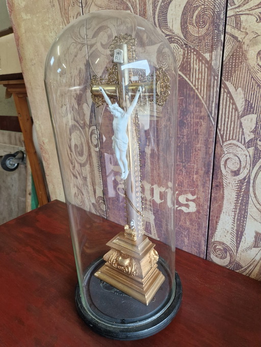 Antique bell jar with crucifix 58x25
