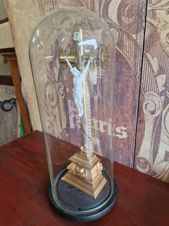 Image 1 of Antique bell jar with crucifix 58x25