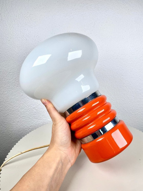 Image 1 of Vintage Enrico Tronconi Bulb Lamp / Mushroom Table Lamp - Orange & White Mid-century Modern Space-Age 1970s Italian Designer
