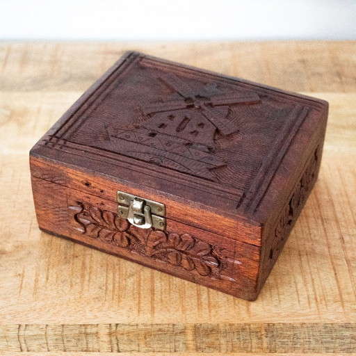 Vintage Hand-Carved Wooden Box with Windmill Decor