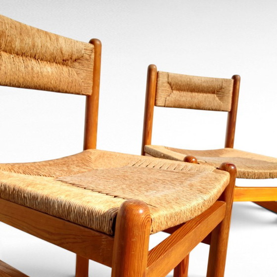 Paar Vintage Design Grenen En Biezen Stoelen, Jaren 70 – Eetkamerstoelen, Wicker (photo 3 of 18)
