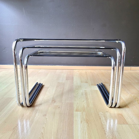 Image 1 of 70s' Chrome & glass nesting tables