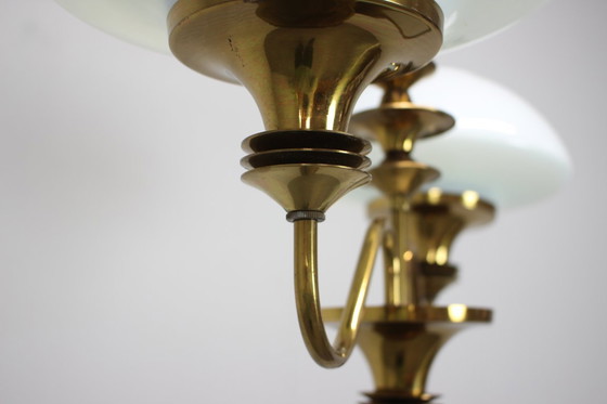 Image 1 of Kroonluchter van messing uit het midden van de vorige eeuw, Jablonec Glassworks, jaren 70, Tsjecho-Slowakije