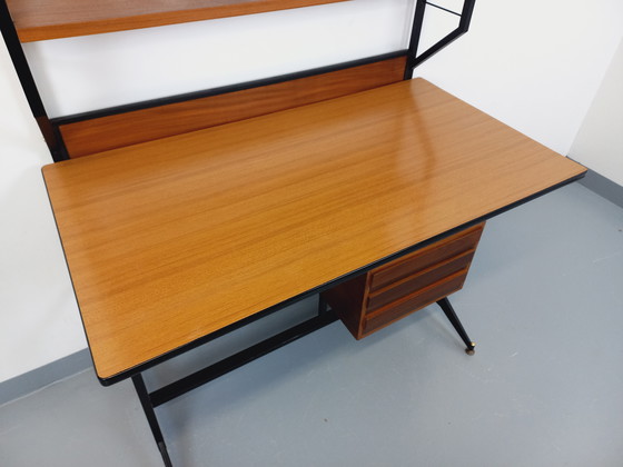 Image 1 of Italian modernist desk with built-in modular string bookcase in teak, metal and melamine from the 60s