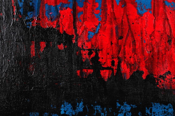 Image 1 of Contemporary abstract artwork in blue, red,black, yelow on stretched canvas