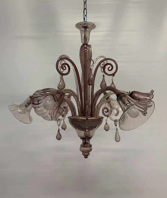 Image 1 of Vintage Murano kroonluchter toegeschreven aan Venini, zeldzame paarse kleur, 1930, Italië