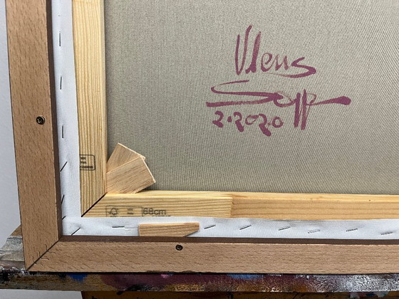 Image 1 of Paysage avec champs, peinture originale, peintures acryliques sur toile, y compris cadre en bois véritable, 71cm x 56cm