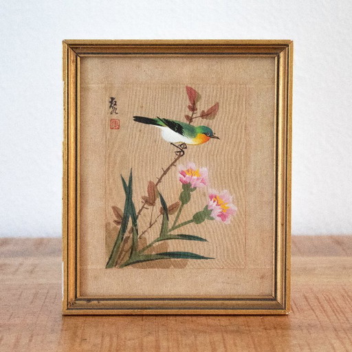Vintage-Aquarell aus China auf Seide: Vogel und Blumen – wanddecoratie, Wood