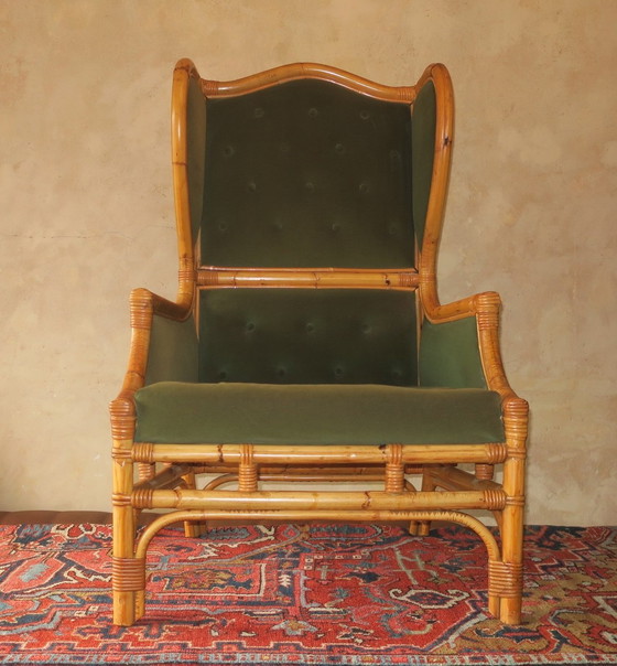 Image 1 of Sillón de orejas de mediados de siglo en bambú y verde oliva, década de 1960