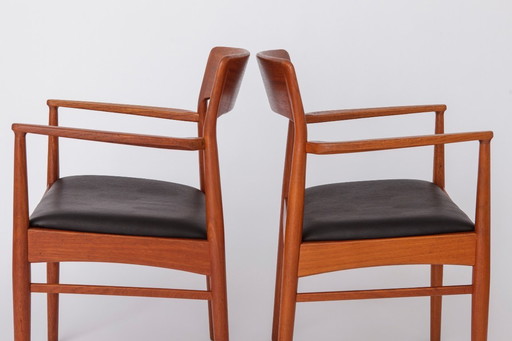 Set of 2 Henning Kjærnulf Armchairs, Korup Stolefabrik 1960s, Danish Teak Chairs, Black Leather, Mid Century Modern