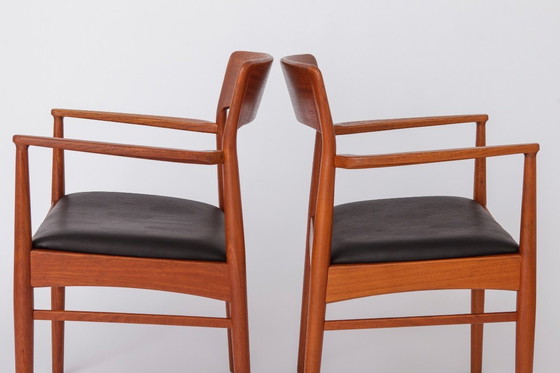 Image 1 of Set of 2 Henning Kjærnulf Armchairs, Korup Stolefabrik 1960s, Danish Teak Chairs, Black Leather, Mid Century Modern