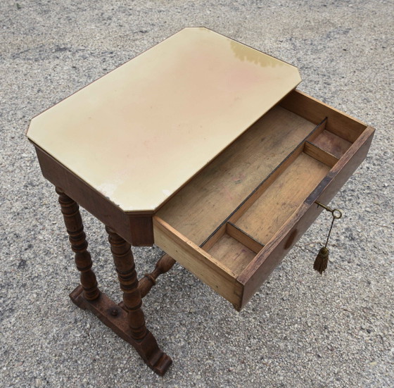 Late 19th Century Italian Occasional Table with Turned Base, Drawer, and Glass Top, Coffee tables, Wood, Brown (photo 8 of 8)