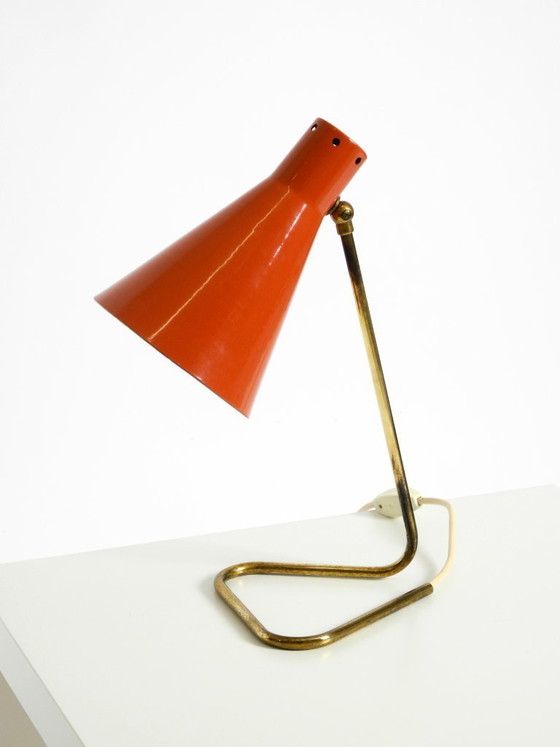 Image 1 of Beautiful, Large Mid-Century Modern Brass Table Lamp with a Brick-Red Shade