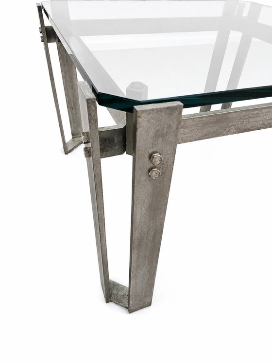 Table basse brutaliste / métal verre / années 80 / lourde – Livres d'art, Metal, Glass (photo 5 of 7)