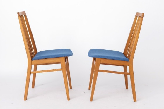 Image 1 of 2 of 6 Vintage Dining Chairs, 1960s German Design, Mid Century Modern Beech Chairs, Reupholstered Blue Fabric Seats