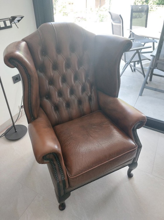 Image 1 of Set Chesterfield vintage in pelle marrone. Divano e 2 poltrone.
