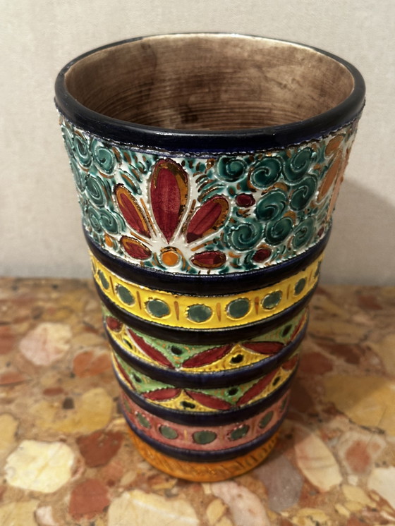 Image 1 of Vintage vaas met gebeitelde en beschilderde decoratie - Devres aardewerk