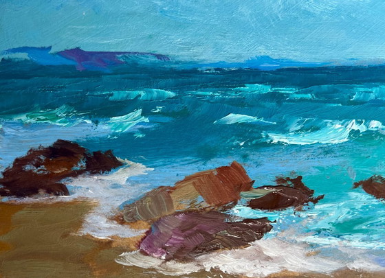 Image 1 of Peinture à l'huile originale représentant un paysage de plage côtière. Un voilier solitaire en mer.
