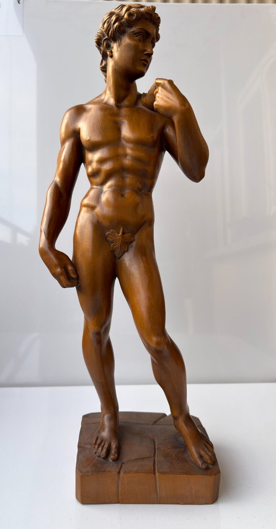 Michelangelo David Sculture in Legno Intagliate a Mano 65 cm Statua Vintage Foglia di Fico (photo 3 of 23)