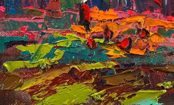 Original-Ölgemälde Ländliche Sonnenuntergangslandschaft Rosa Dorf Abend – Gemälde & Zeichnungen, Canvas (photo 6 of 8)