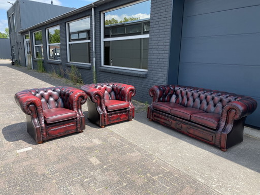 Sofá de 3+1+1 plazas color rojo burdeos – Chesterfield, banken, Leather, Wood