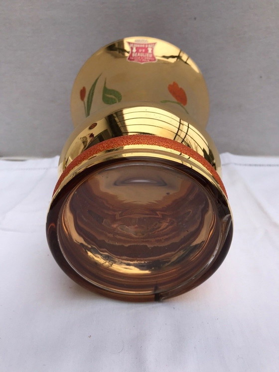 Image 1 of Vaso antico in vetro artistico di BEAULIEU, vetro dipinto in oro + decoro floreale vintage #D391