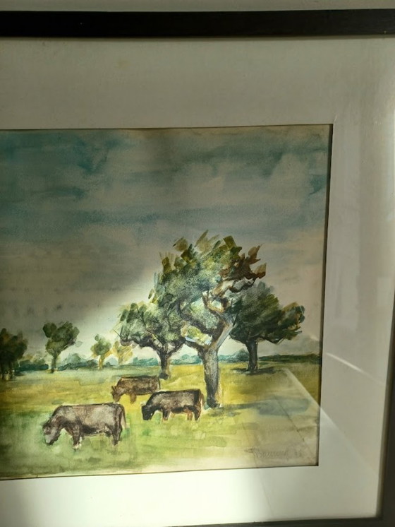 Image 1 of Serene watercolor with grazing cows – Bauwens ’36 – 43x52 cm”