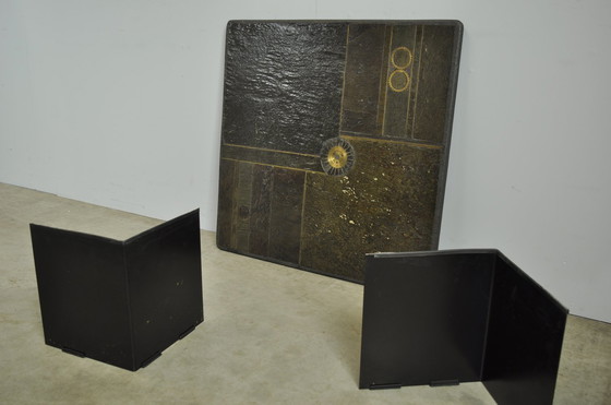 Image 1 of Table d'appoint vintage en pierre naturelle avec incrustation de BRONZE, Pays-Bas 1970