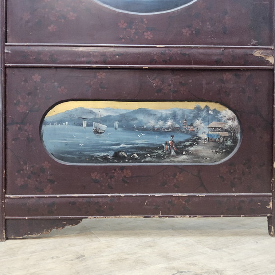 Vintage Rood Chinees Kamerscherm (Traditioneel Landschap Tempels) Oosters / Bohemian Paravent – Kamerschermen (photo 5 of 15)