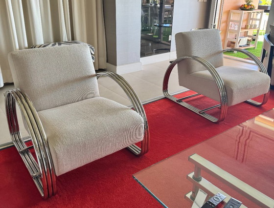 2 fauteuils Basque Eichholtz - Style Moderniste ( Panama Natural /  Chromé, Textile, Chrome, Beige (photo 3 sur 5)