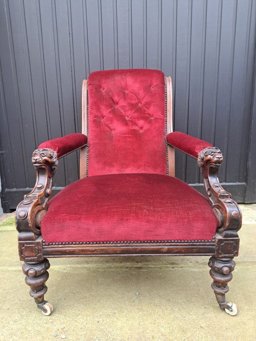 Antico intagliato a mano Francia rinascimentale giacobino Castello Sedia Trono Poltrona Tappezzeria in velluto